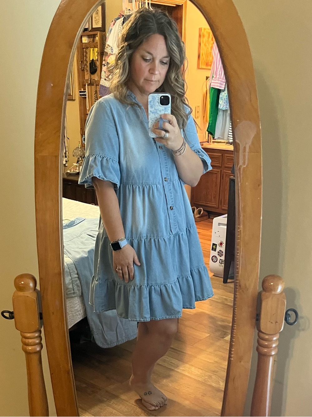 Light Blue Tiered Chambray Mini Dress with Ruffle Sleeves